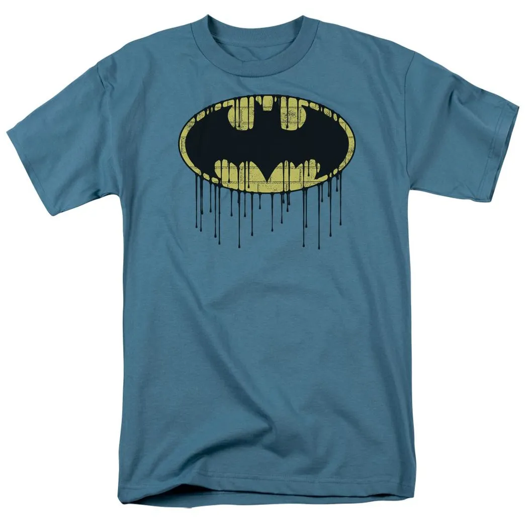 Batman Dripping Brick Wall Shield Mens T Shirt Slate