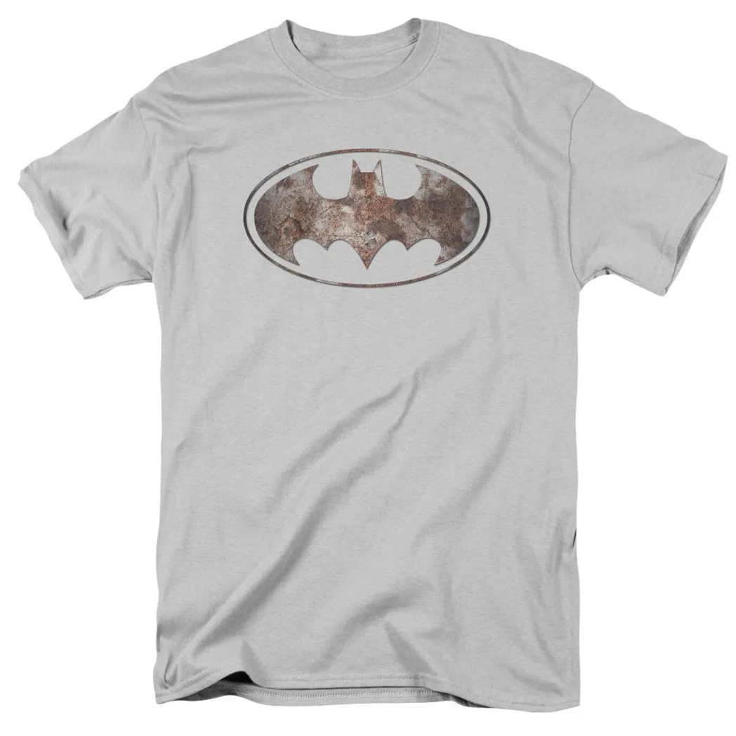 Batman Heavy Rust Logo Mens T Shirt Silver