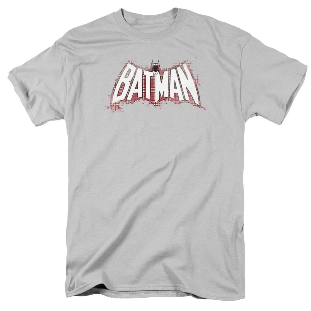 Batman Plaid Splat Logo Mens T Shirt Silver