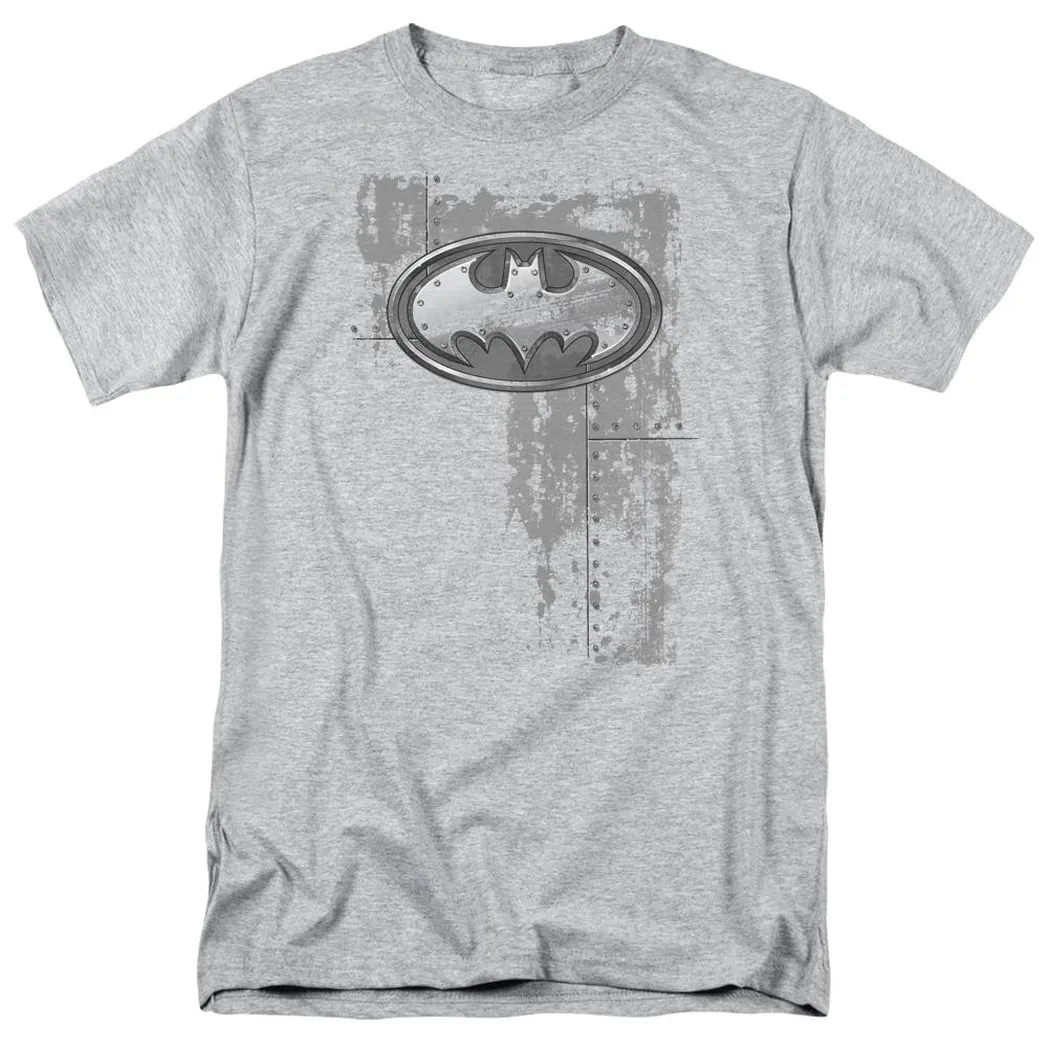 Batman Rivited Metal Logo Mens T Shirt Athletic Heather