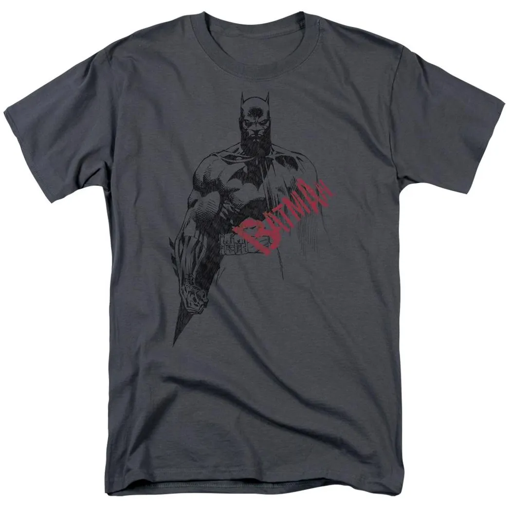 Batman Sketch Bat Red Logo Mens T Shirt Charcoal