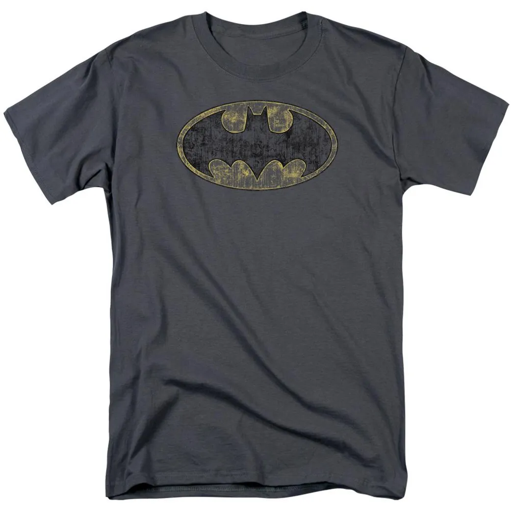 Batman Tattered Logo Mens T Shirt Charcoal