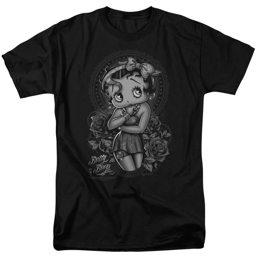 Betty Boop Fashion Roses Mens T Shirt Black