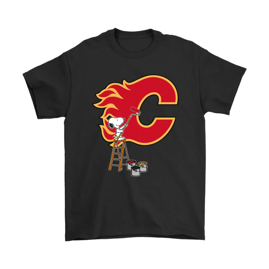 Snoopy Paints The Calgary Flames Logo Nhl Ice Hockey Unisex T-Shirt, Hoodie, Sweatshirt