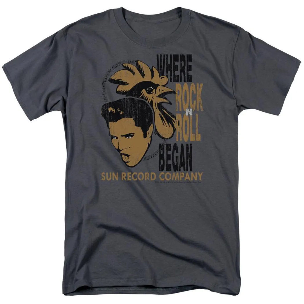 Sun Records Elvis And Rooster Mens T Shirt Charcoal