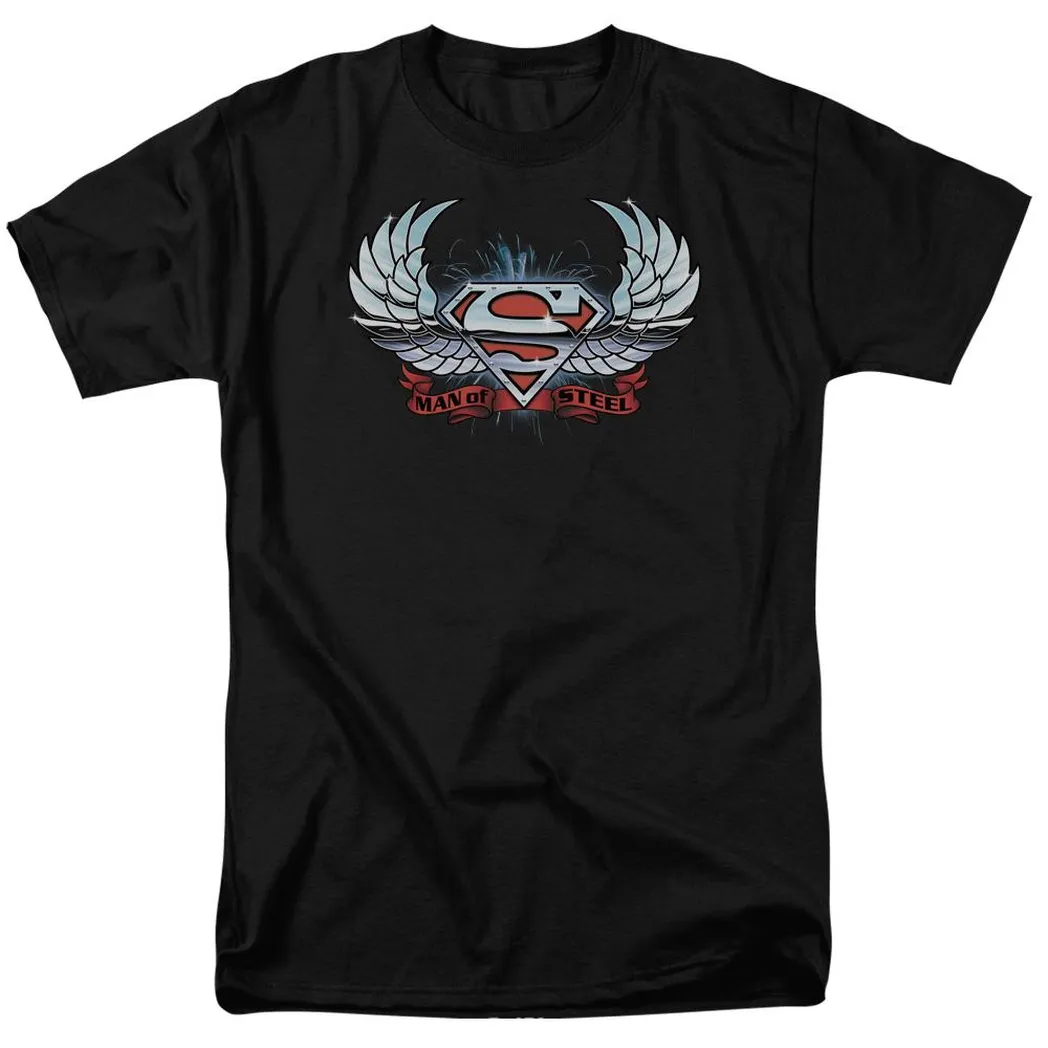 Superman Chrome Wings Shield Mens T Shirt Black