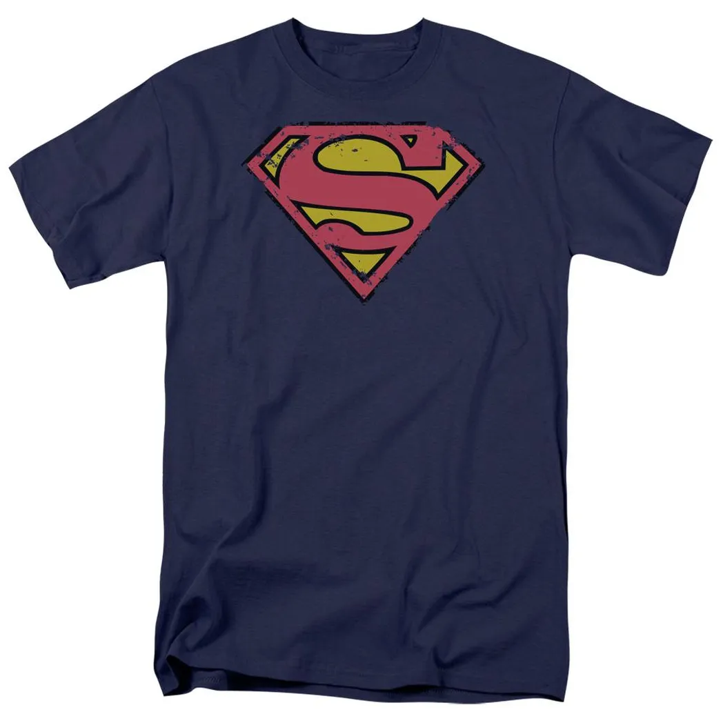 Superman Distressed Shield 2 Mens T Shirt Navy Blue