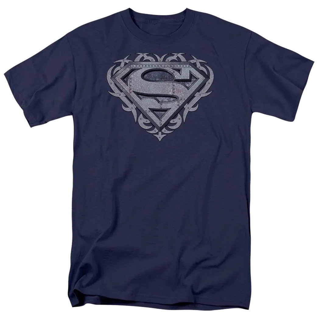 Superman Tribal Steel Shield Mens T Shirt Navy Blue