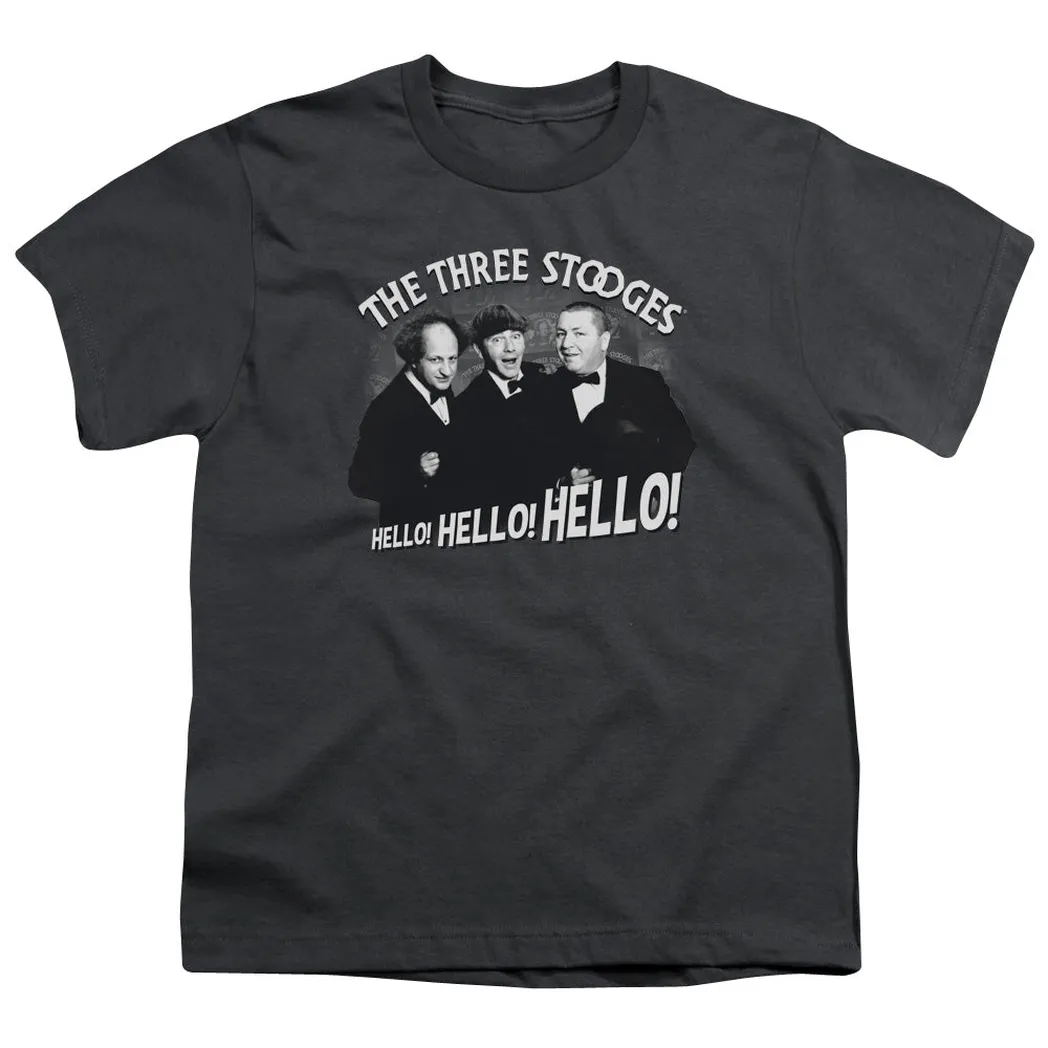 Three Stooges Hello Again Kids Youth T Shirt Charcoal