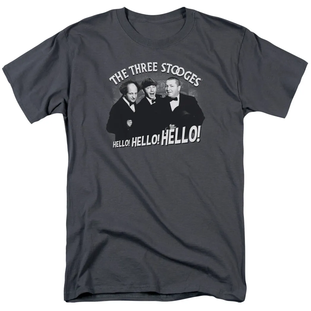 Three Stooges Hello Again Mens T Shirt Charcoal