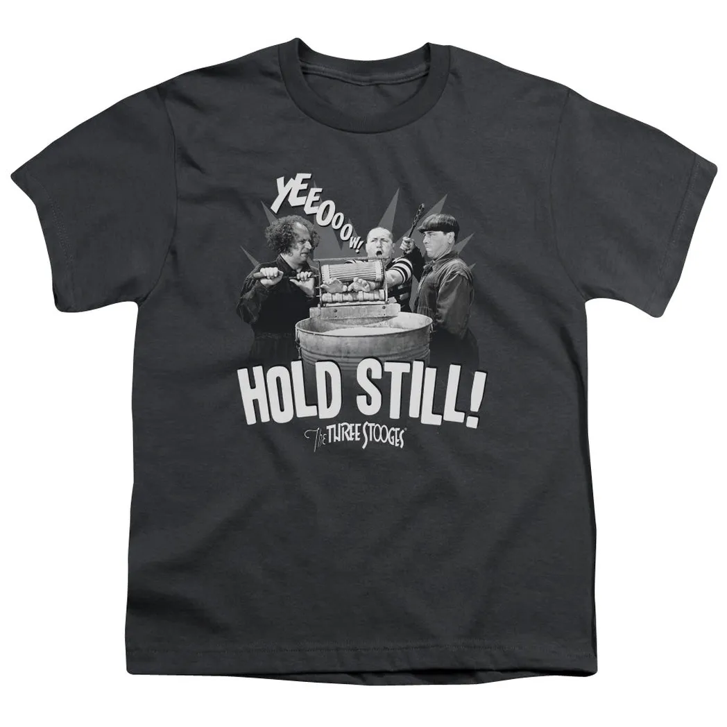 Three Stooges Hold Still Kids Youth T Shirt Charcoal