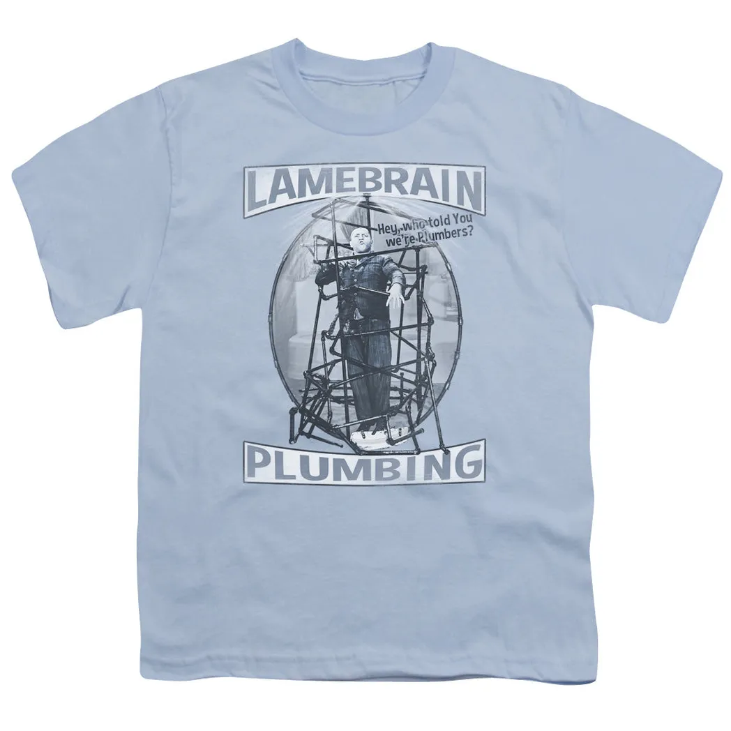 Three Stooges Lamebrain Plumbing Kids Youth T Shirt Light Blue