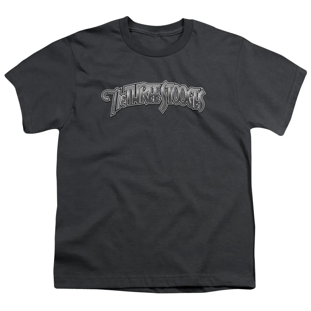 Three Stooges Metallic Logo Kids Youth T Shirt Charcoal