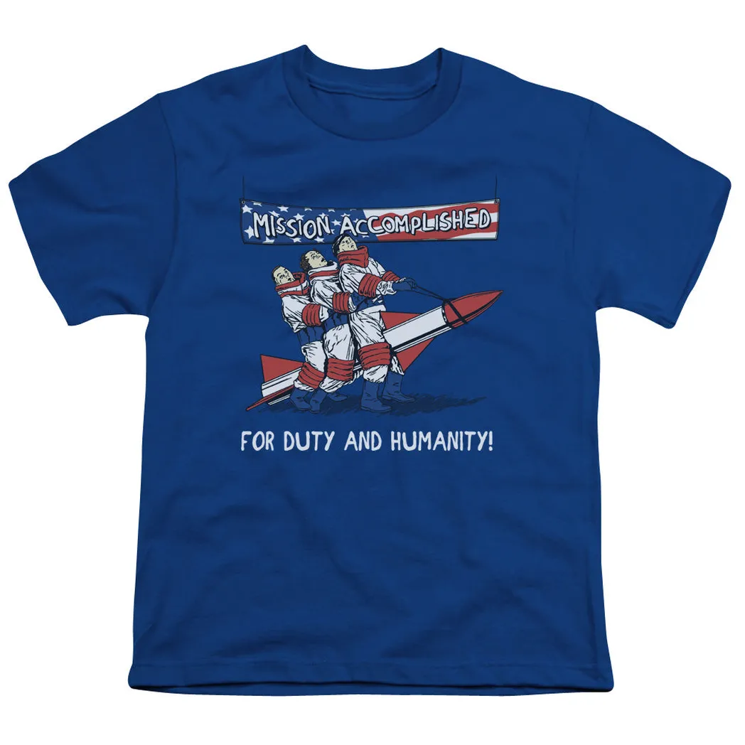 Three Stooges Mission Accomplished Kids Youth T Shirt Royal Blue