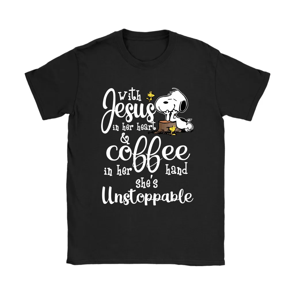 With Jesus In Her Heart And Coffee In Her Hand Snoopy Unisex T-Shirt, Hoodie, Sweatshirt