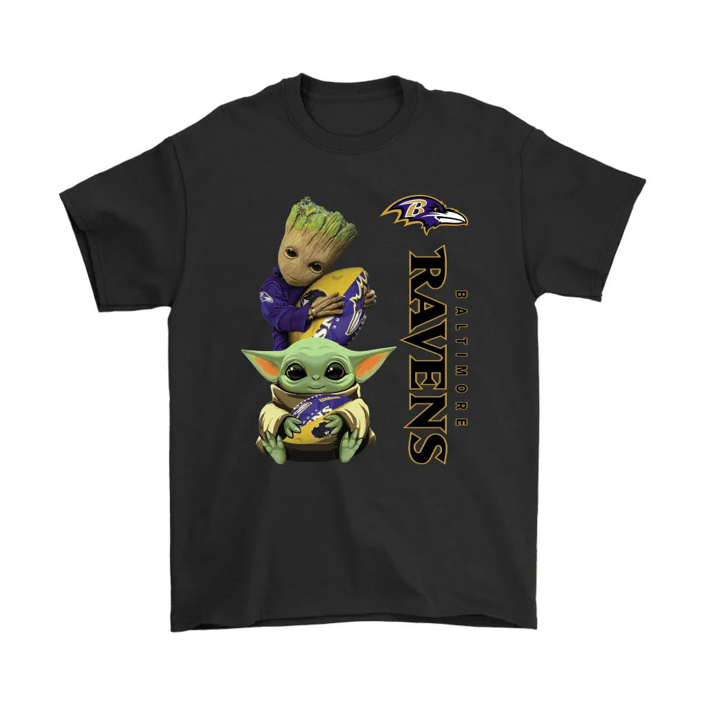 Baby Yoda And Groot Hug Baltimore Ravens Nfl Men Women T-shirt, Hoodie, Sweatshirt