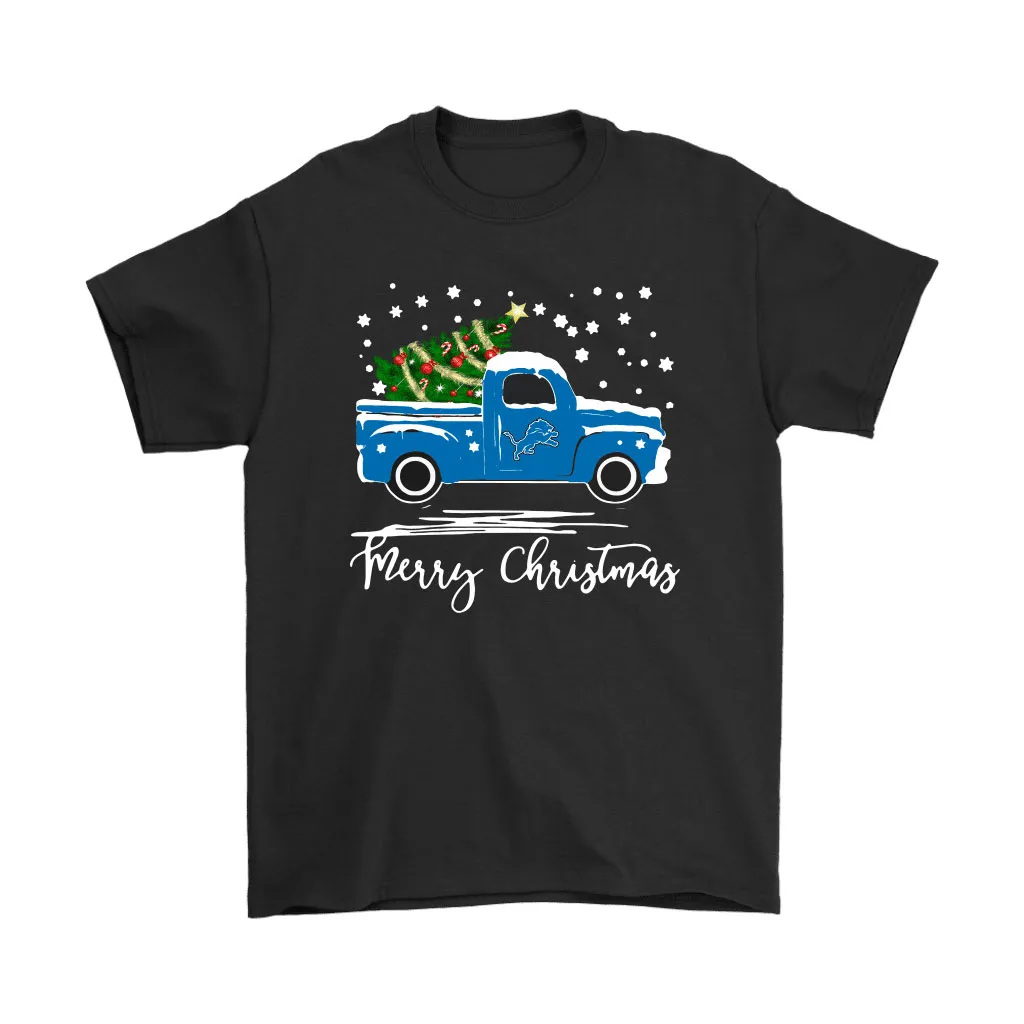 Detroit Lions Car With Christmas Tree Merry Christmas Men Women T-shirt, Hoodie, Sweatshirt