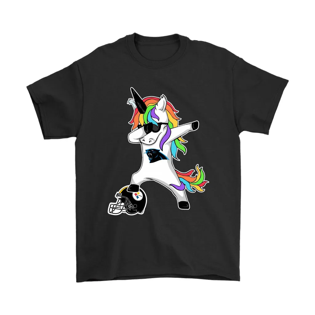 Football Dabbing Unicorn Steps On Helmet Carolina Panthers Men Women T-shirt, Hoodie, Sweatshirt