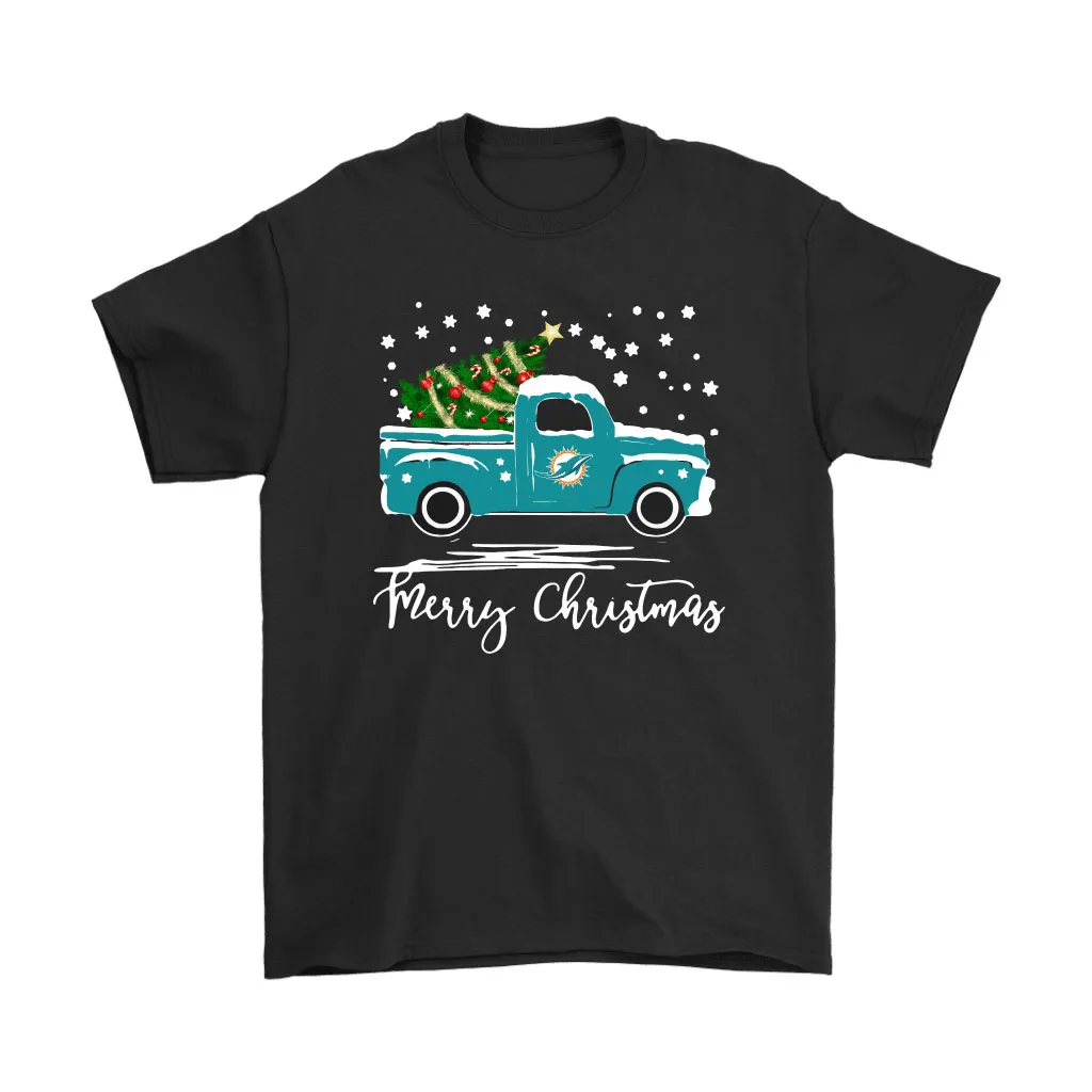 Miami Dolphins Car With Christmas Tree Merry Christmas Men Women T-shirt, Hoodie, Sweatshirt